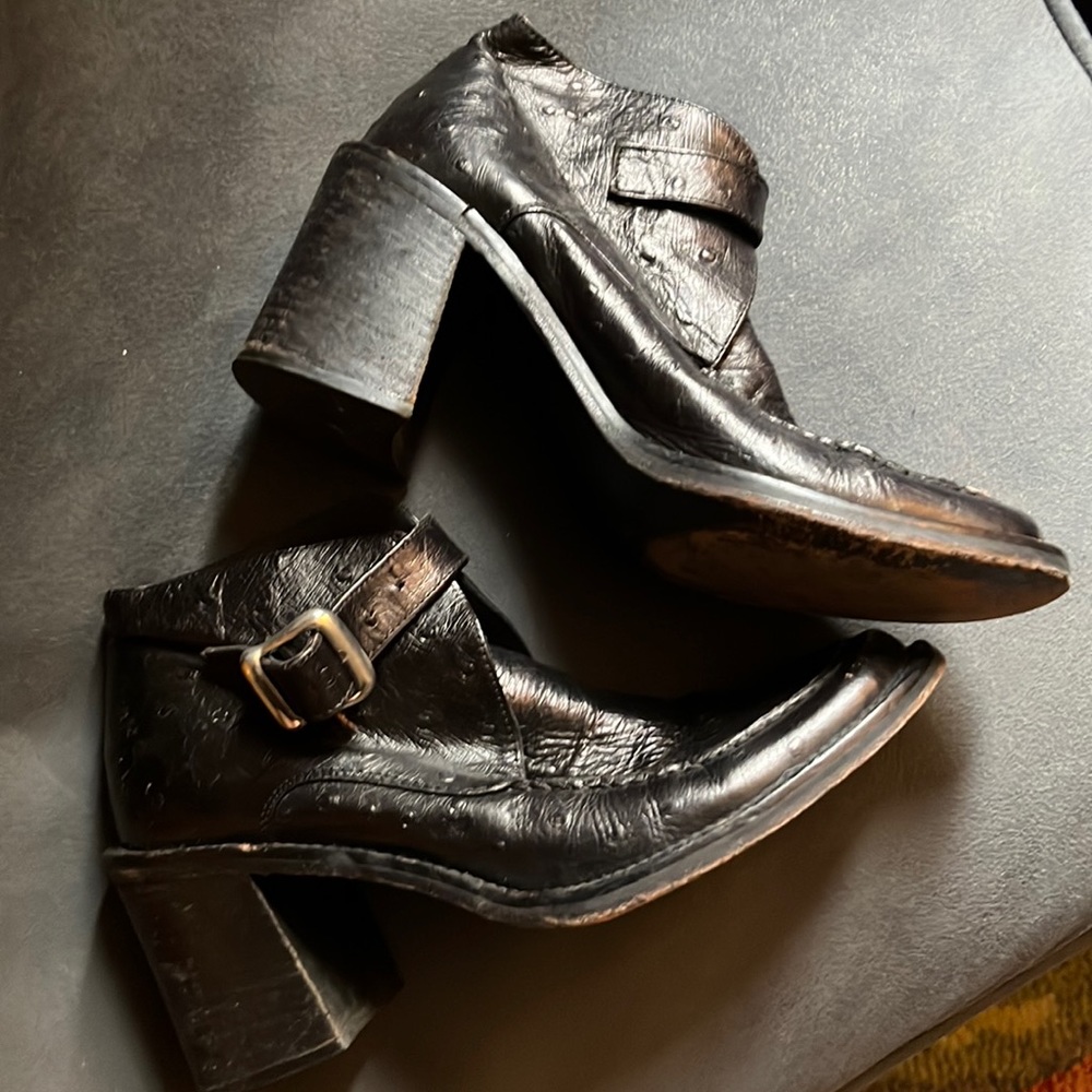 Vintage Italian Black Ostrich Leather Block Heel Booties Sz IT 37 - US 6 1/2